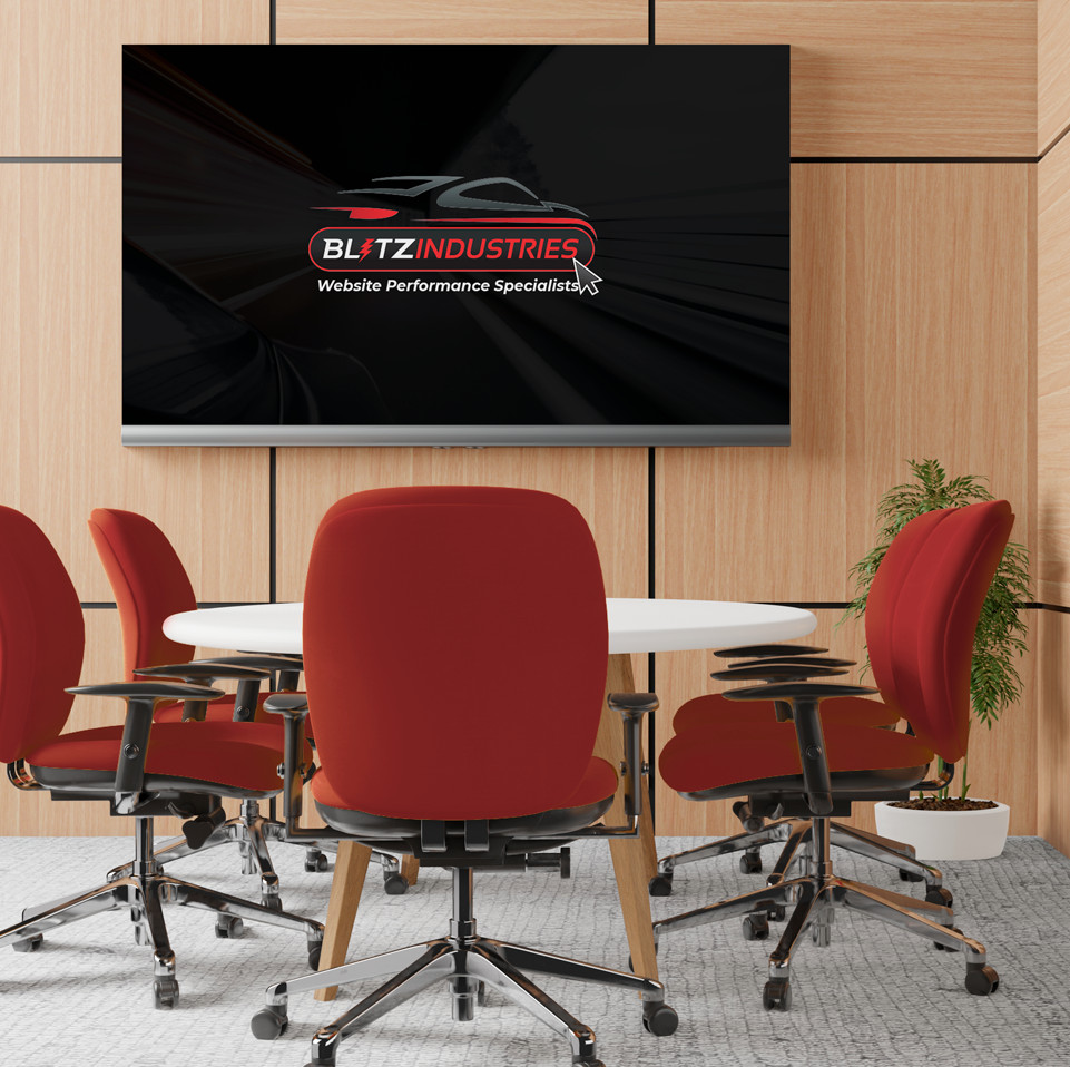 Image of Blitz Industries' office with chairs, table and big screen projector with Blitz Industries logo
